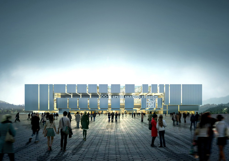 在江陵速滑體育場和體育中心是一家集設(shè)計(jì)由Samoo建筑師和工程師。在一個(gè)部分的中心是為了協(xié)調(diào)與自然，另一方面象征著冬季奧運(yùn)會(huì)的精神。它坐落在江陵，韓國一個(gè)網(wǎng)站，就曾被用于垃圾處理，但現(xiàn)在長滿松樹豐富的一塊土地。設(shè)計(jì)背后的想法是利用自然，舞臺(tái)，廣場為&ldquo;三層&rdquo;生產(chǎn)布局，將溝通，協(xié)調(diào)與周圍的環(huán)境。